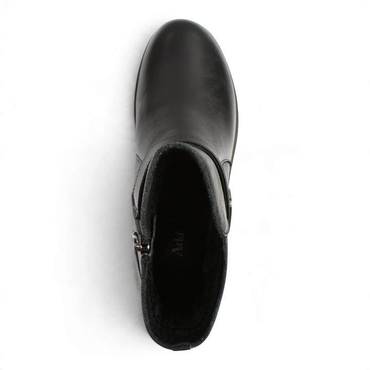 Top view of black leather ankle boots by ada-shoes.ro with a side zipper and decorative buckle detail.
