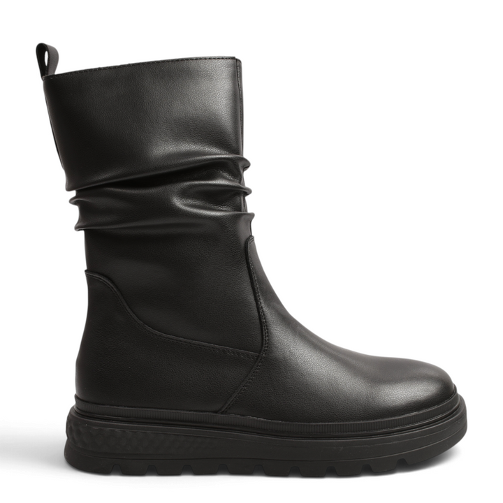 ada-shoes.ro black leather mid-calf boots with ruched shaft detail and thick lug sole for a casual urban style