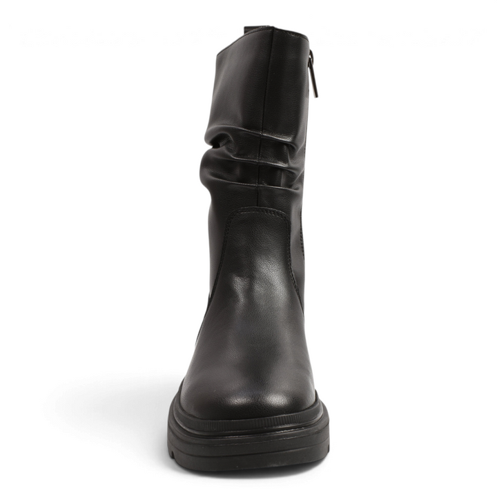 ada-shoes.ro black leather ankle boots with a ruched shaft, rounded toe, and thick lug sole for urban style.