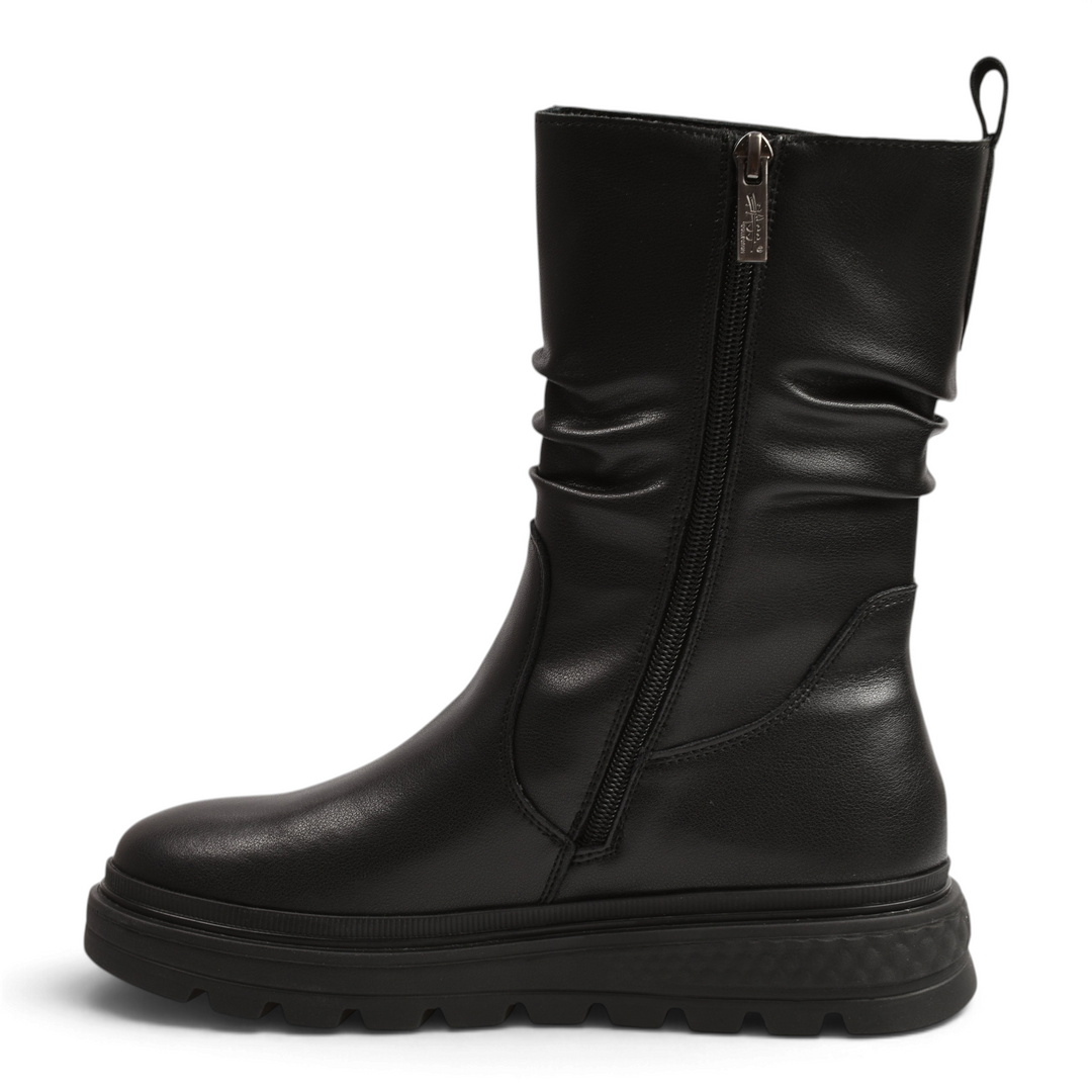 ada-shoes.ro black leather mid-calf boots with ruched shaft detail, side zipper, and chunky lug sole for urban style.