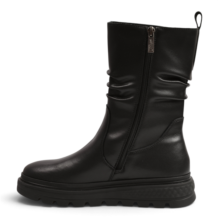 ada-shoes.ro black leather mid-calf boots with ruched shaft detail, side zipper, and chunky lug sole for urban style.