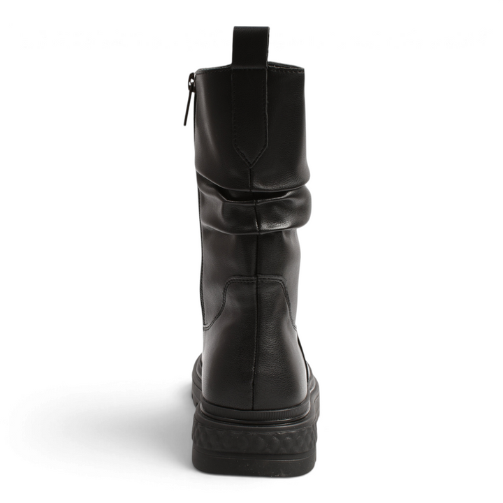 ada-shoes.ro black leather boots with ruched shaft detail, side zipper, and thick lug sole, back view