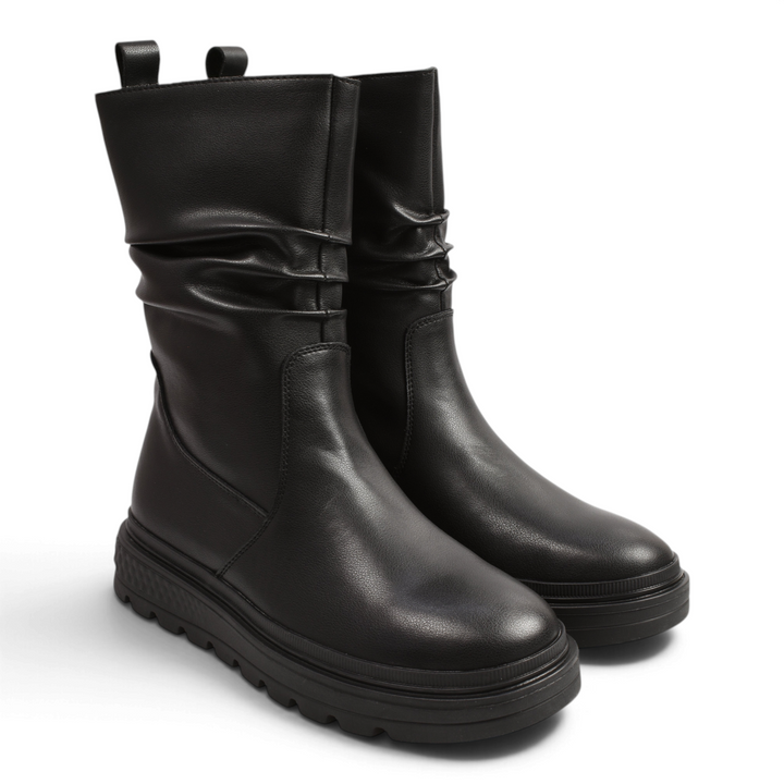 ada-shoes.ro black leather mid-calf boots with a ruched shaft, thick lug sole, and back pull tab for casual wear.