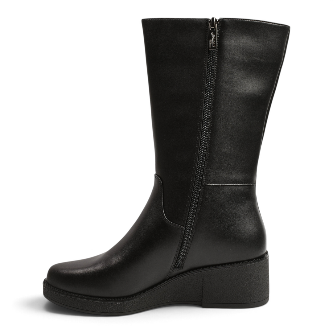 ada-shoes.ro Pass Collection black leather mid-calf boots with a side zipper and comfortable wedge heel