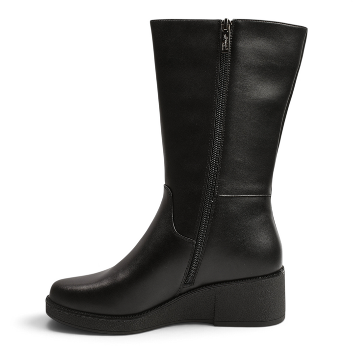 ada-shoes.ro Pass Collection black leather mid-calf boots with a side zipper and comfortable wedge heel