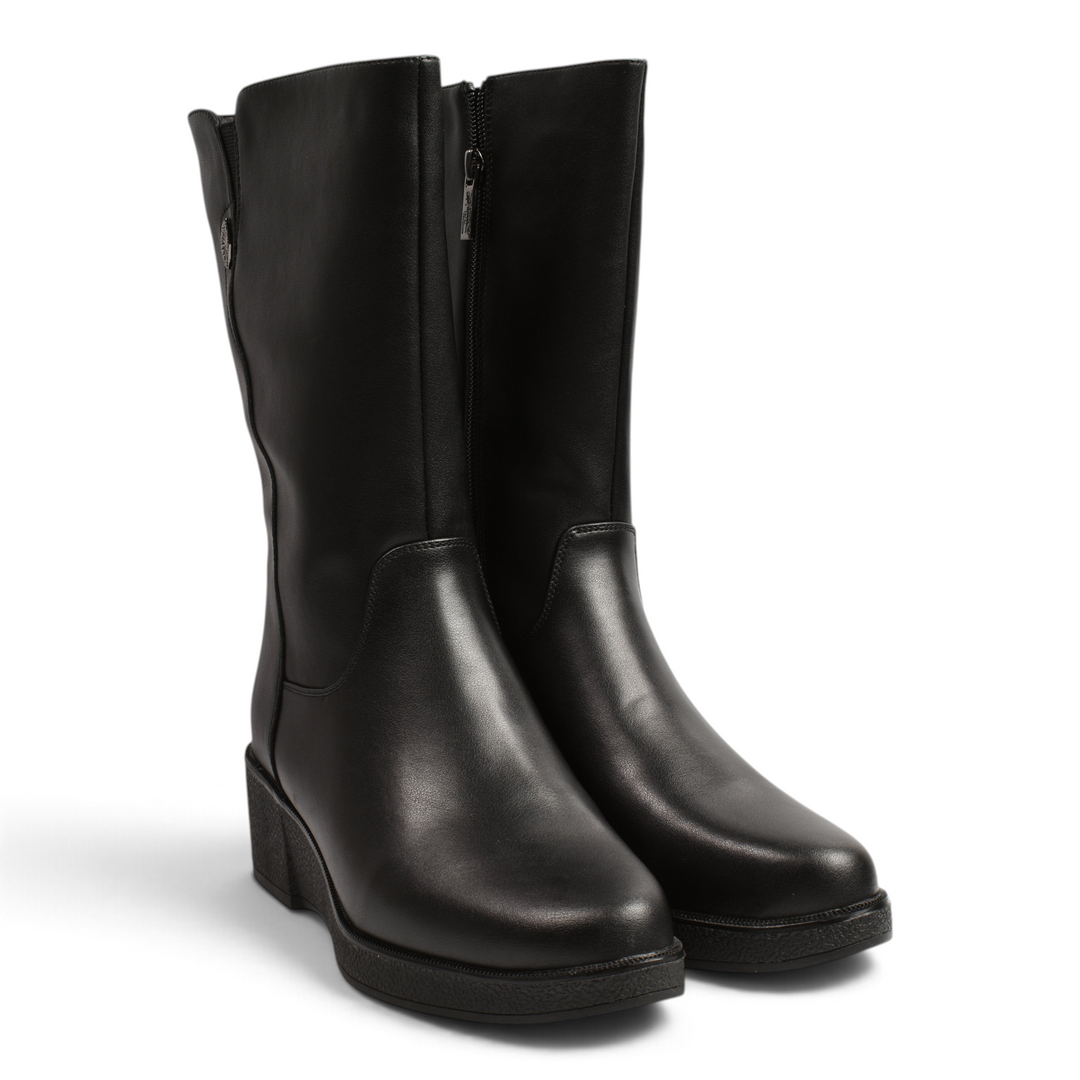 ada-shoes.ro Pass Collection black leather mid-calf boots with side zipper and platform sole