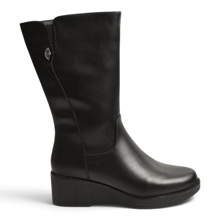 ada-shoes.ro Pass Collection black leather mid-calf boots with a wedge heel and side metal emblem detail