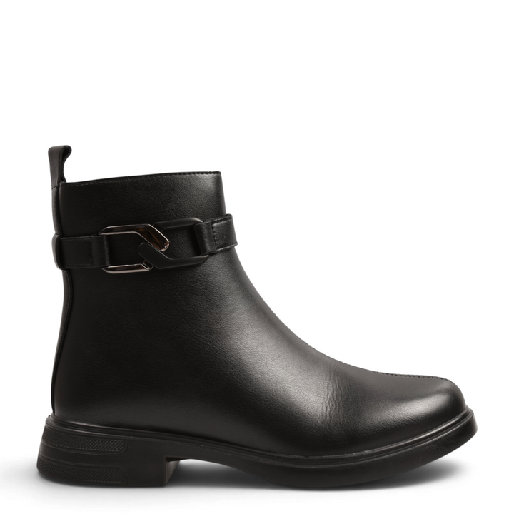 ada-shoes.ro Pass Collection black leather ankle boots with a side buckle strap and low block heel
