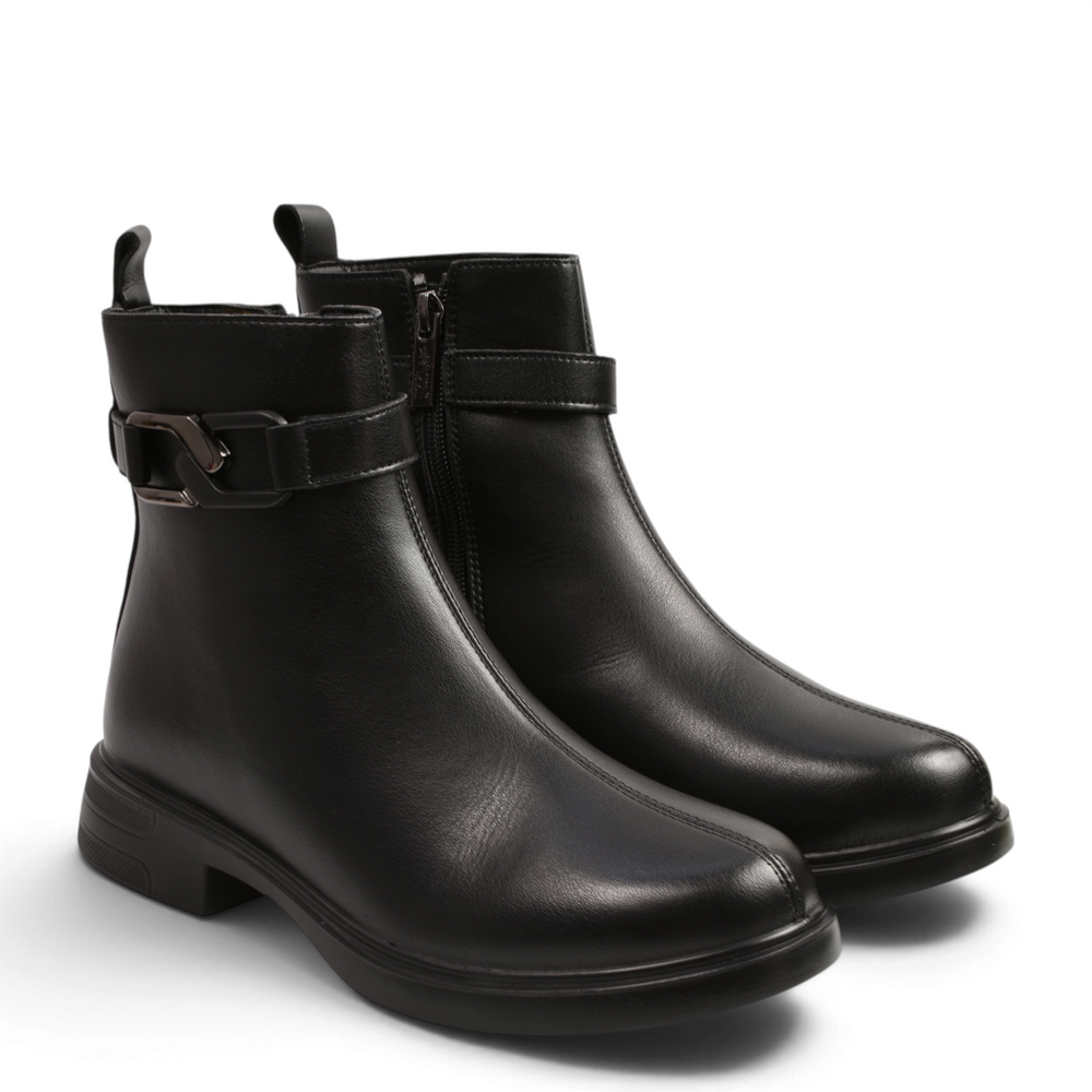 ada-shoes.ro Pass Collection black leather ankle boots with side zipper and decorative buckle strap detail