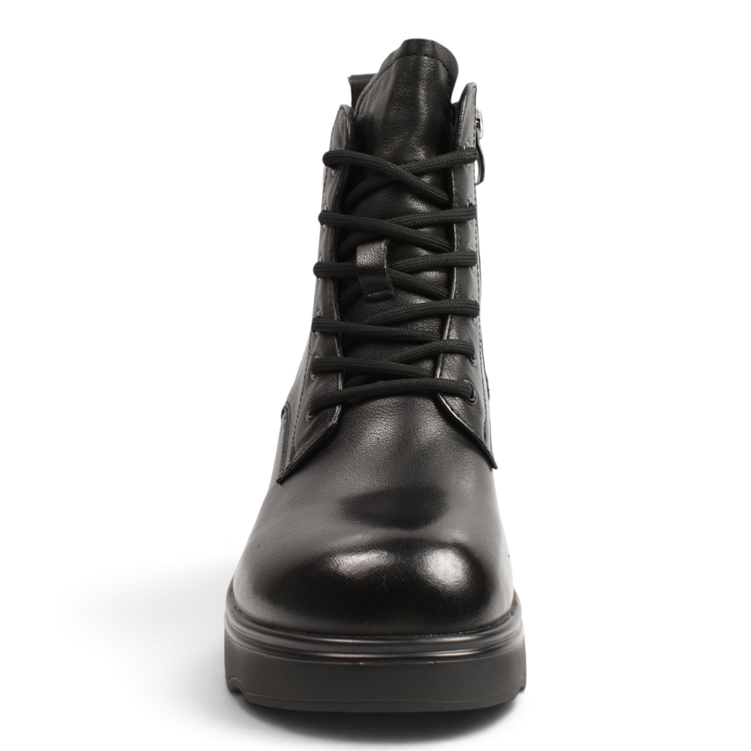 ada-shoes.ro black leather combat boots with laces, side zipper, and thick platform sole for women