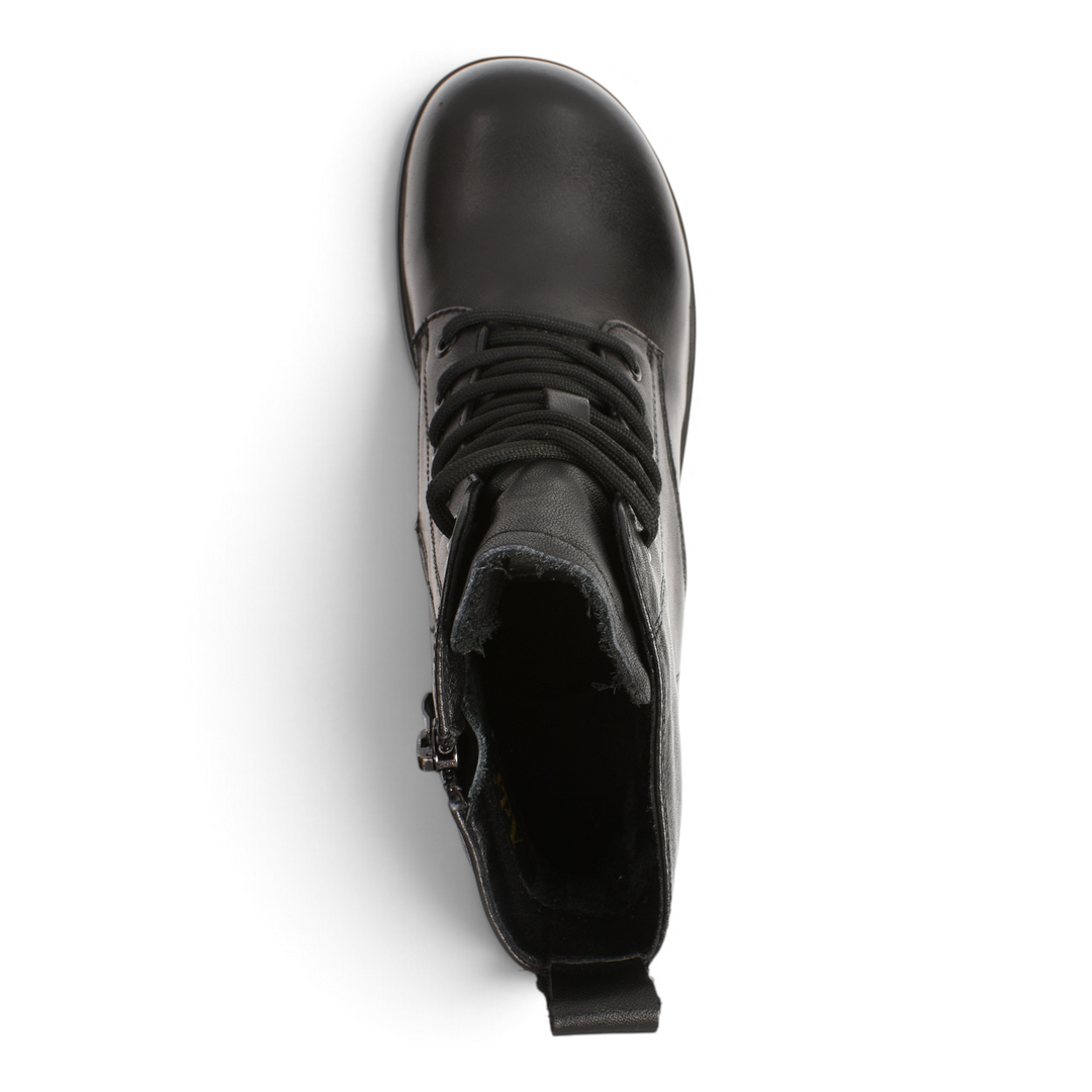Top view of black leather combat boots by ada-shoes.ro featuring laces, side zipper, and a sturdy sole.