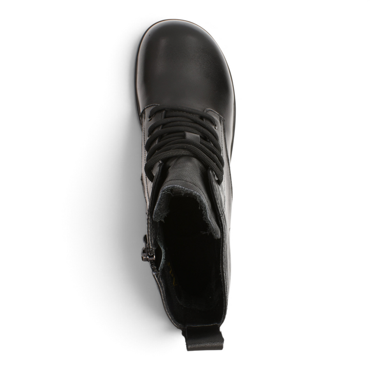 Top view of black leather combat boots by ada-shoes.ro featuring laces, side zipper, and a sturdy sole.