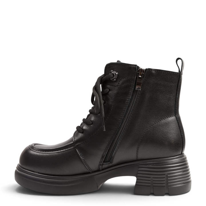 ada-shoes.ro black leather ankle boots with moccasin-style stitching, side zipper, laces, and a chunky block heel.