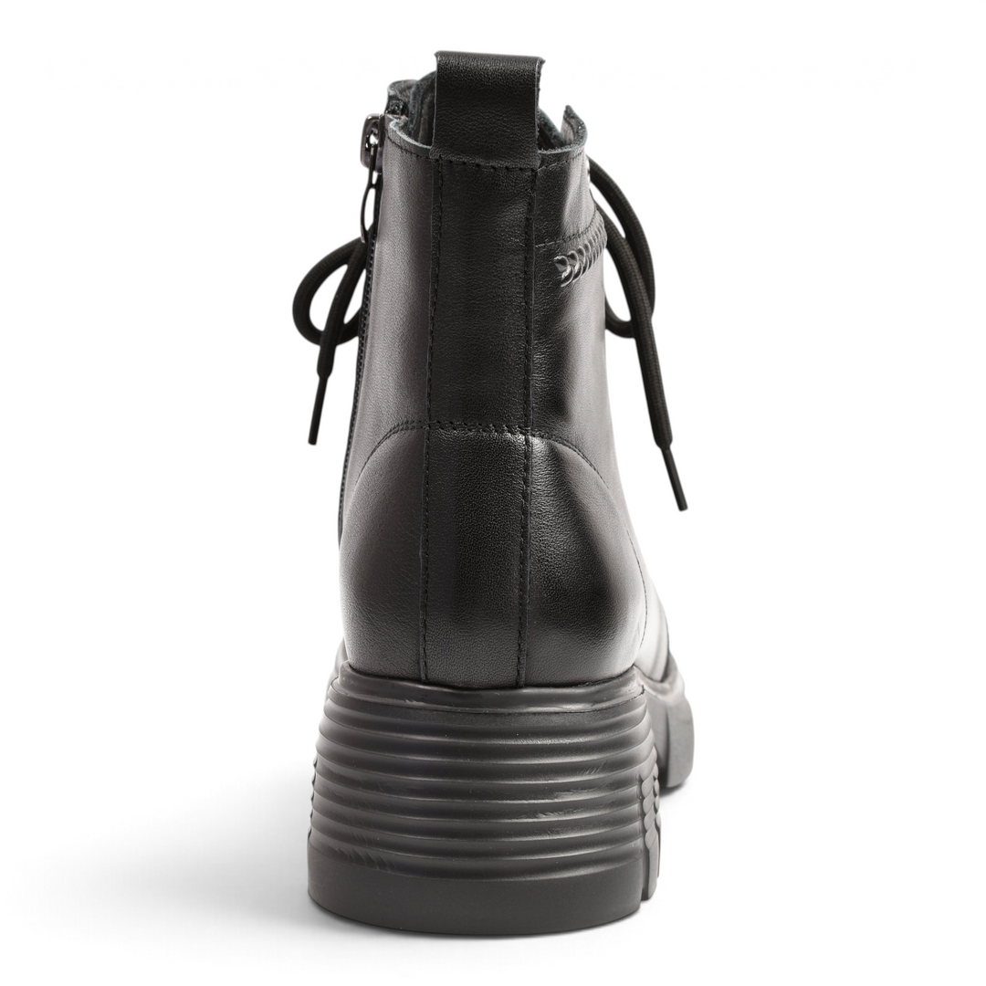 ada-shoes.ro black leather ankle boots with a thick block heel and braided detail, viewed from the back