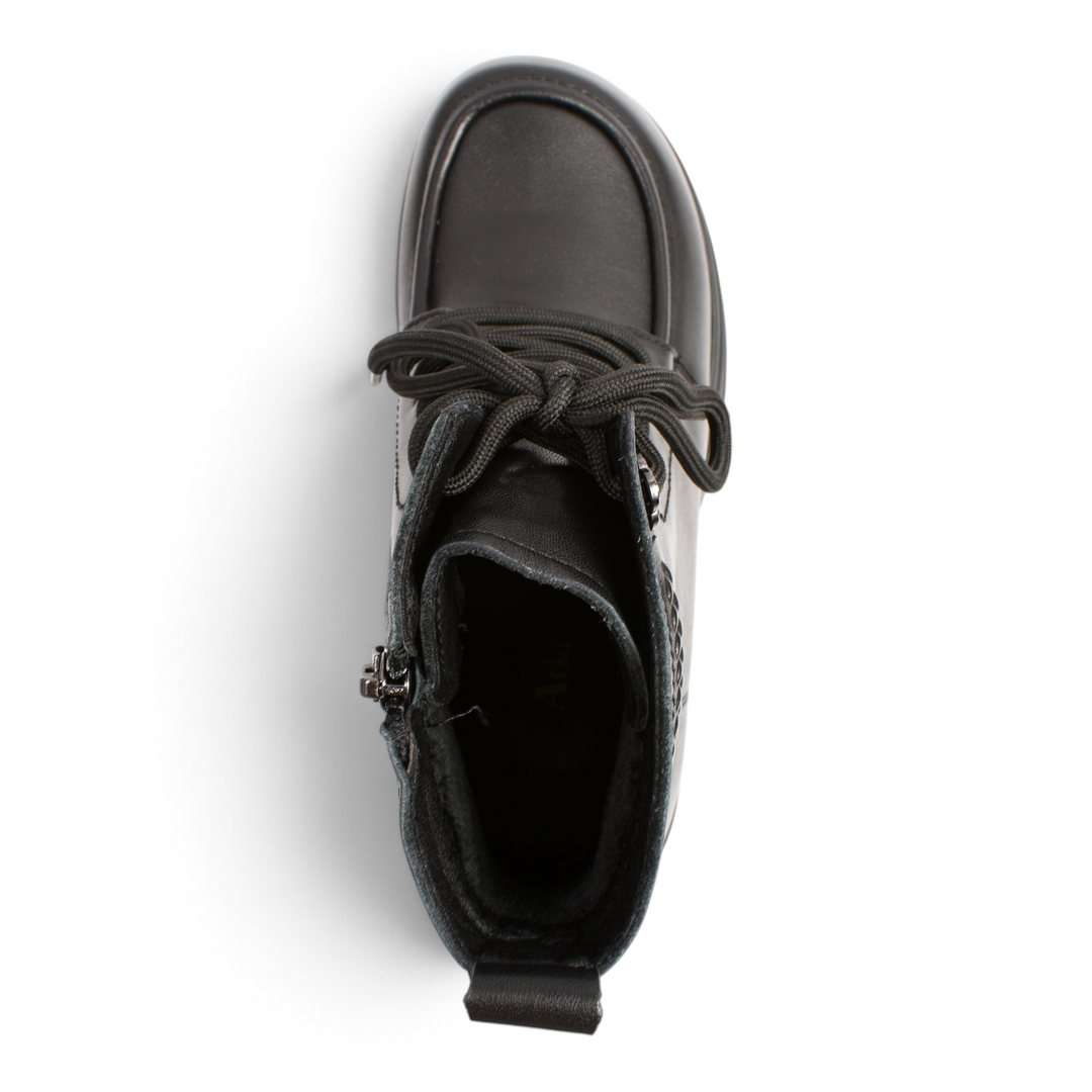 Top view of black leather Ada Shoes 6677-N moccasin-style ankle boots with laces and side zipper
