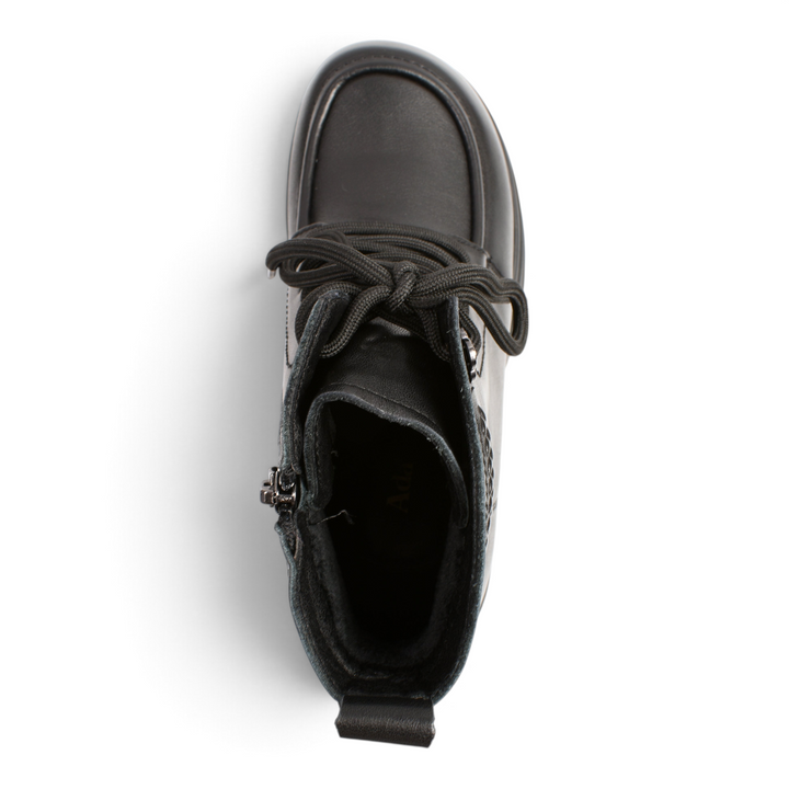 Top view of black leather Ada Shoes 6677-N moccasin-style ankle boots with laces and side zipper