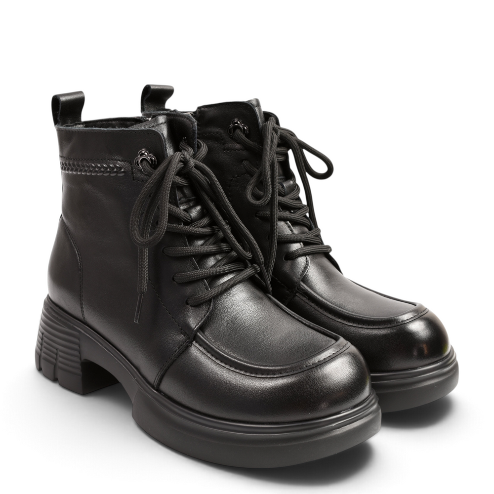 ada-shoes.ro black leather moccasin-style ankle boots with lace-up front, braided detail, and chunky block heel