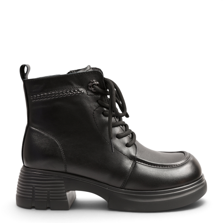 ada-shoes.ro black leather moccasin-style ankle boots with lace-up front, braided detail, and chunky block heel