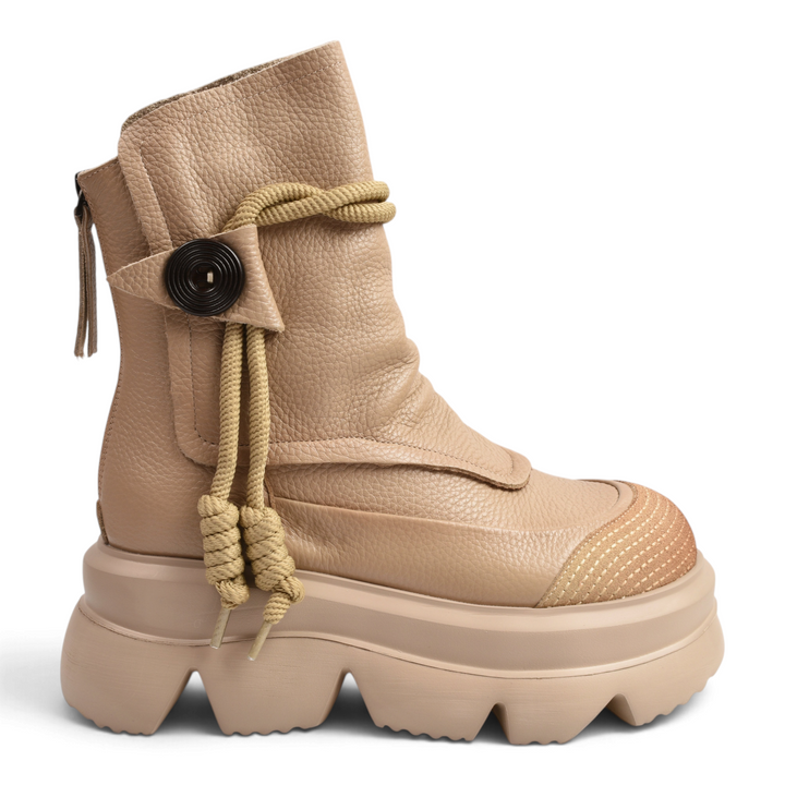 ada-shoes.ro Gryxx beige leather ankle boots with chunky platform sole, decorative rope, and button detail.