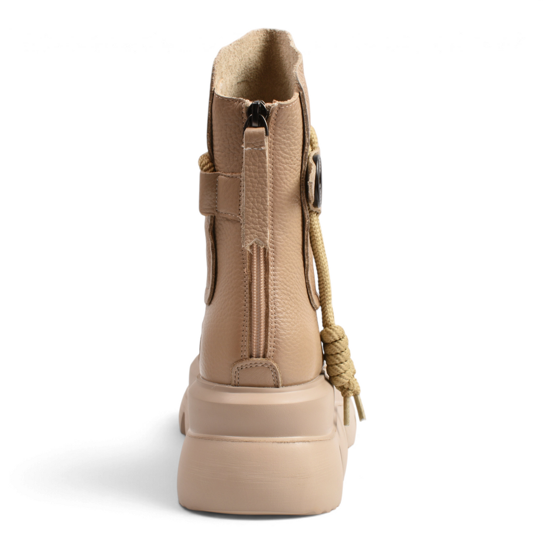 ada-shoes.ro beige leather ankle boots with chunky platform sole, back zipper, and decorative rope detail