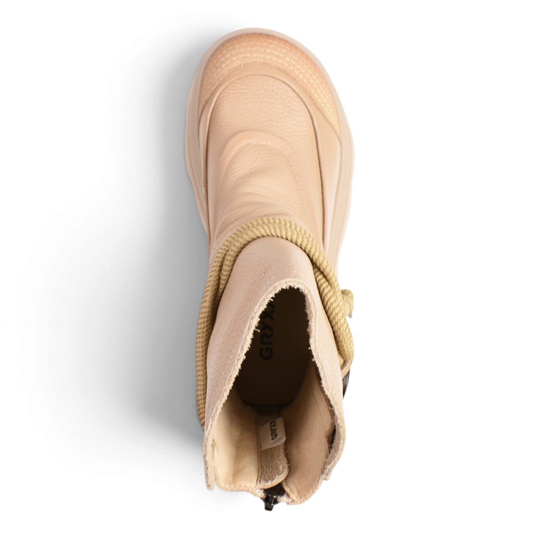 Top view of beige leather Gryxx Ghete 19686B-B ankle boots with chunky sole and decorative ankle cord from ada-shoes.ro