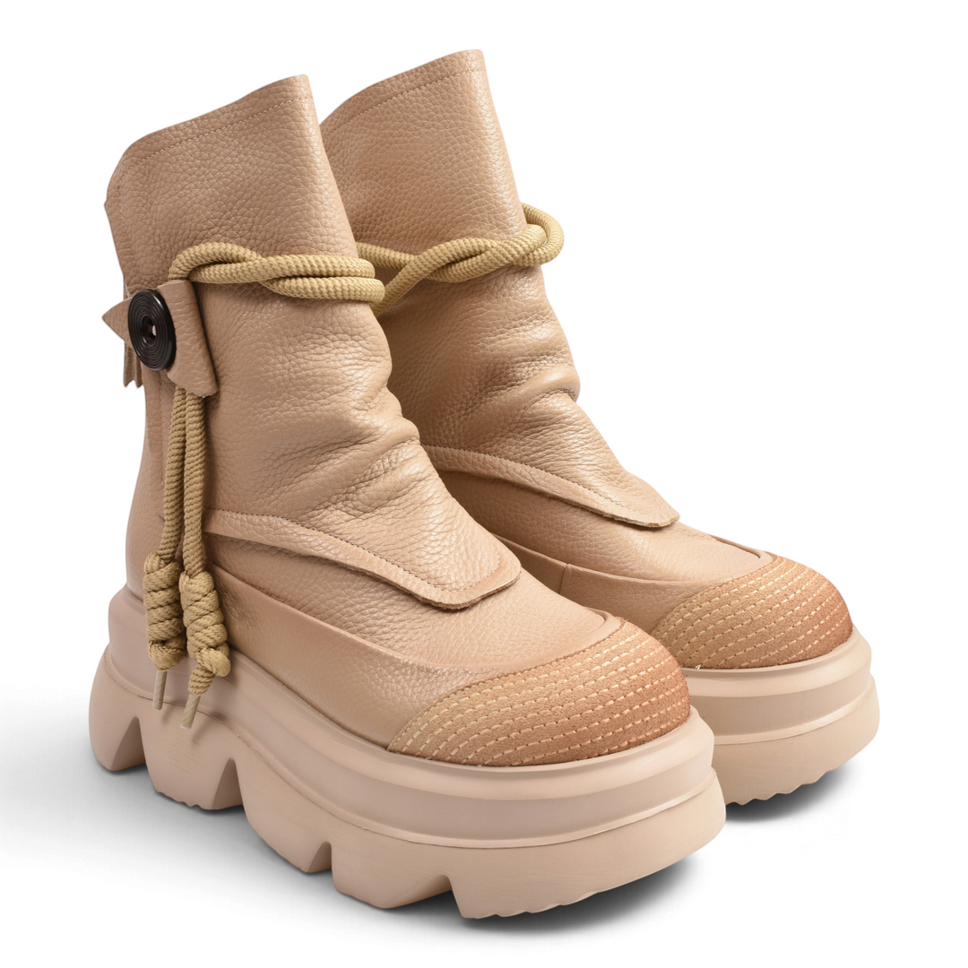 ada-shoes.ro beige leather chunky platform boots with decorative rope detail and button for a modern urban look
