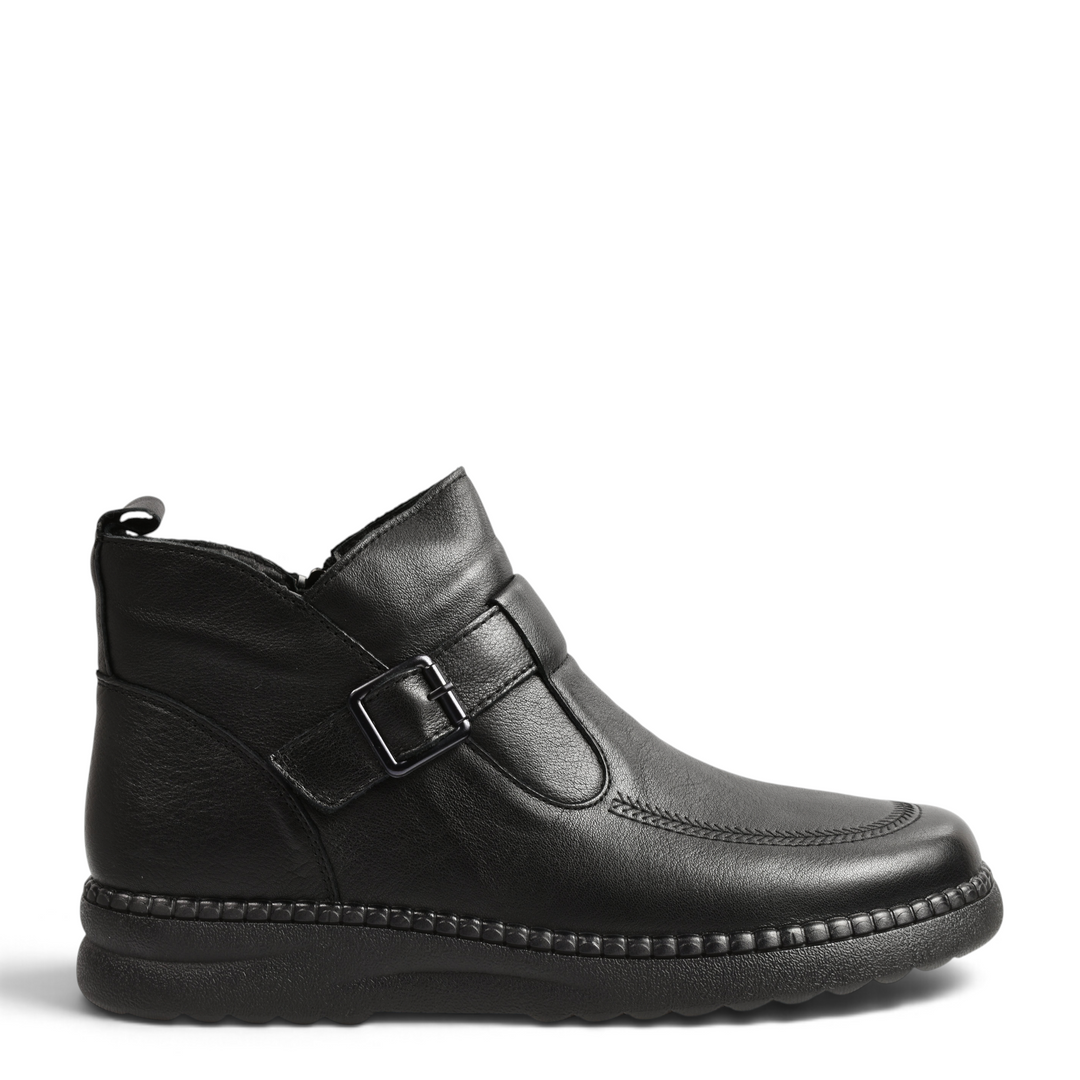 ada-shoes.ro black leather ankle boots with decorative buckle strap, side zipper, and textured non-slip sole