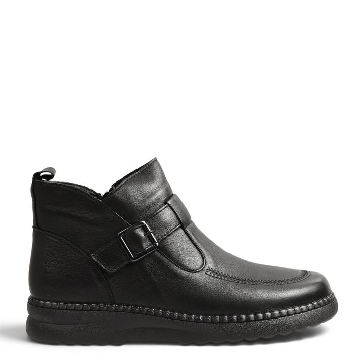 ada-shoes.ro black leather ankle boots with decorative buckle strap, side zipper, and textured non-slip sole