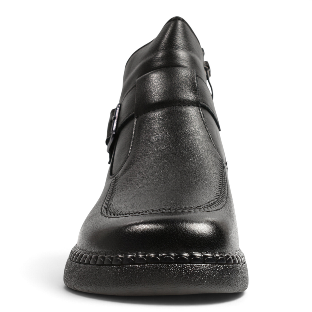 ada-shoes.ro black leather ankle boots with decorative buckle strap and textured sole for winter comfort