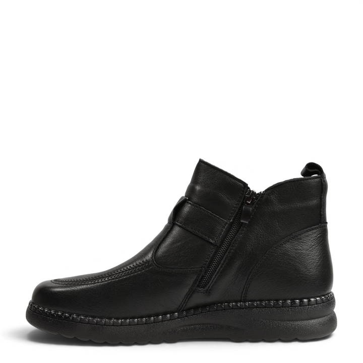 ada-shoes.ro black leather ankle boots with side zipper, decorative buckle strap, and textured platform sole