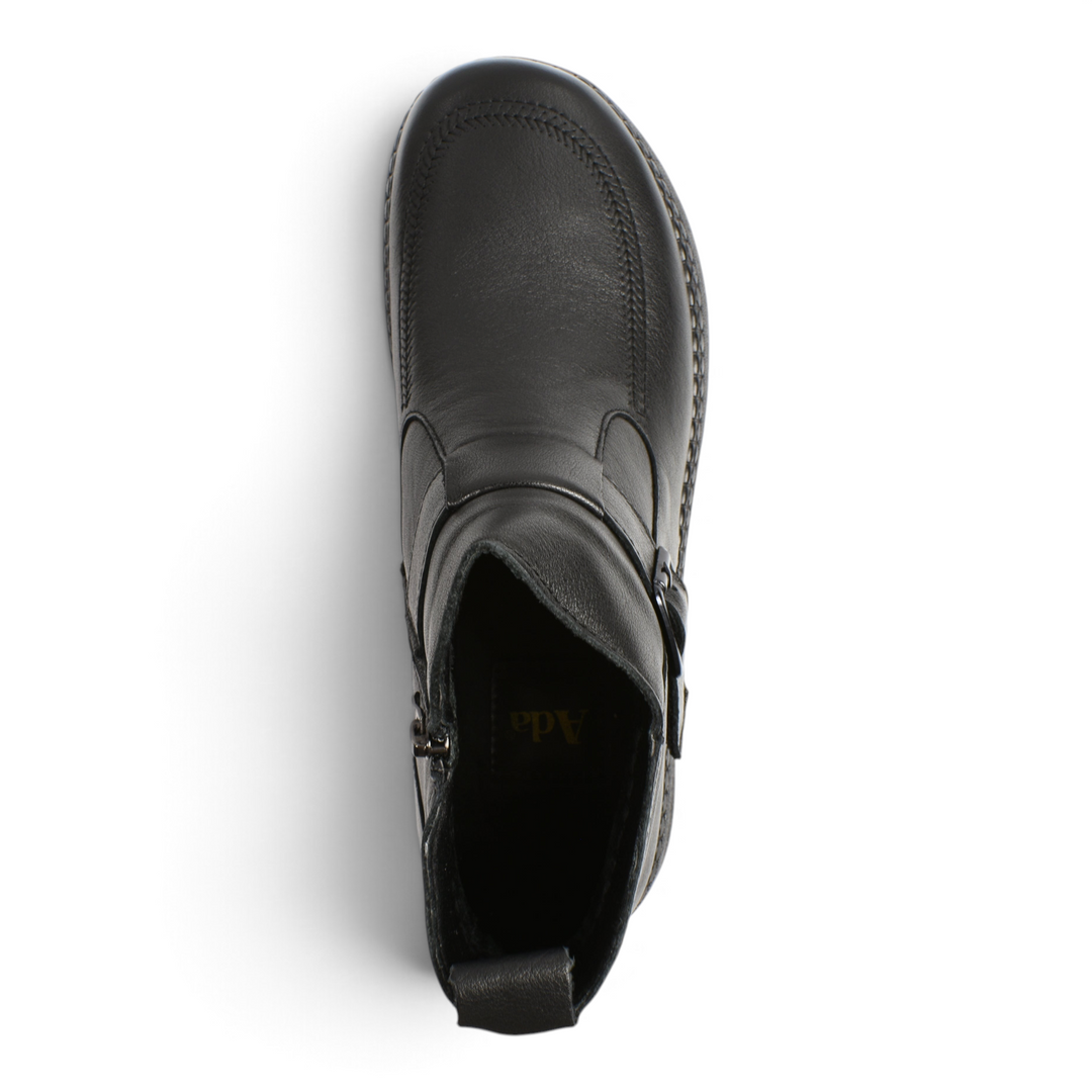 Top view of black leather Ada Shoes 97305-N ankle boots with decorative buckle and side zipper
