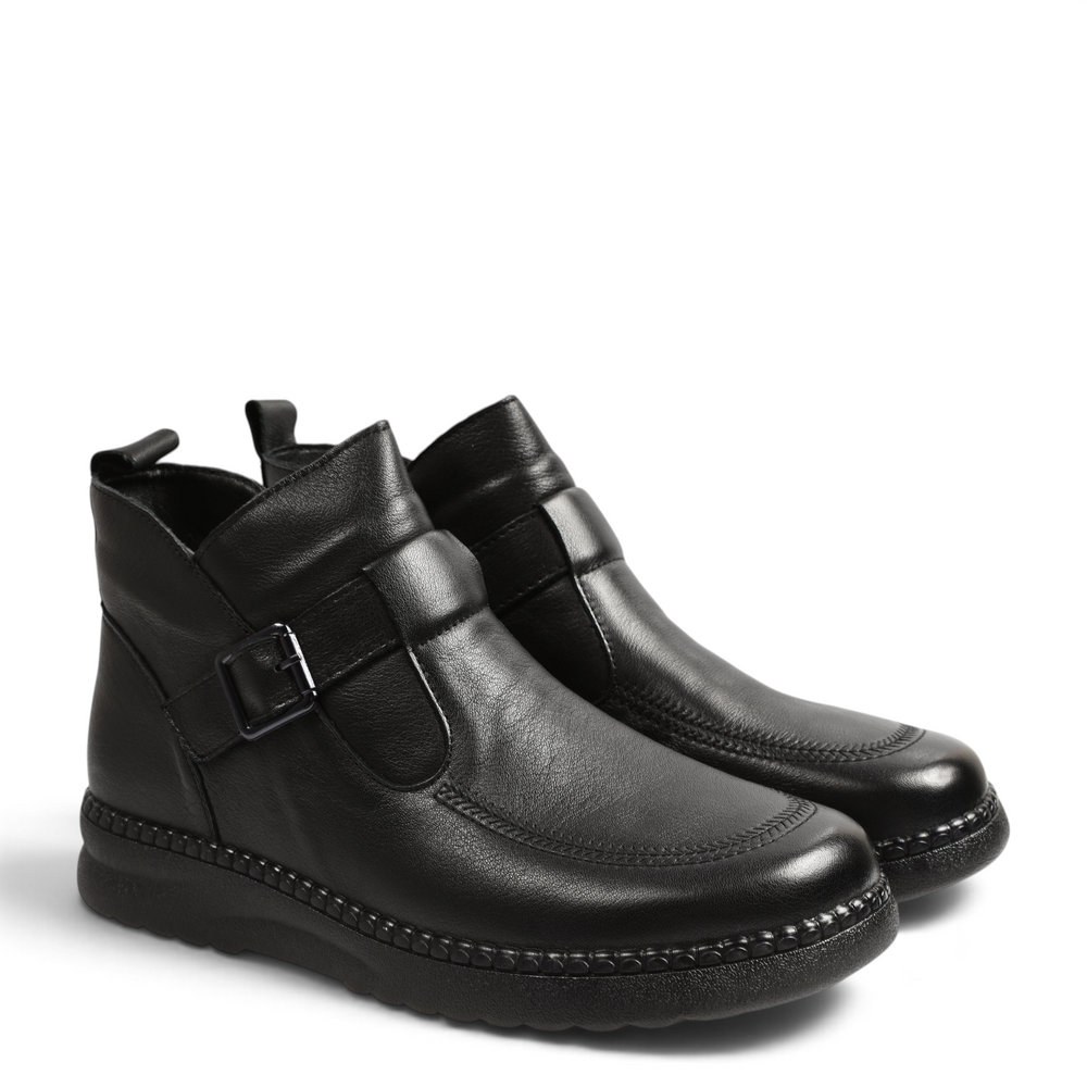 ada-shoes.ro black leather ankle boots with decorative buckle strap, side zipper, and textured platform sole