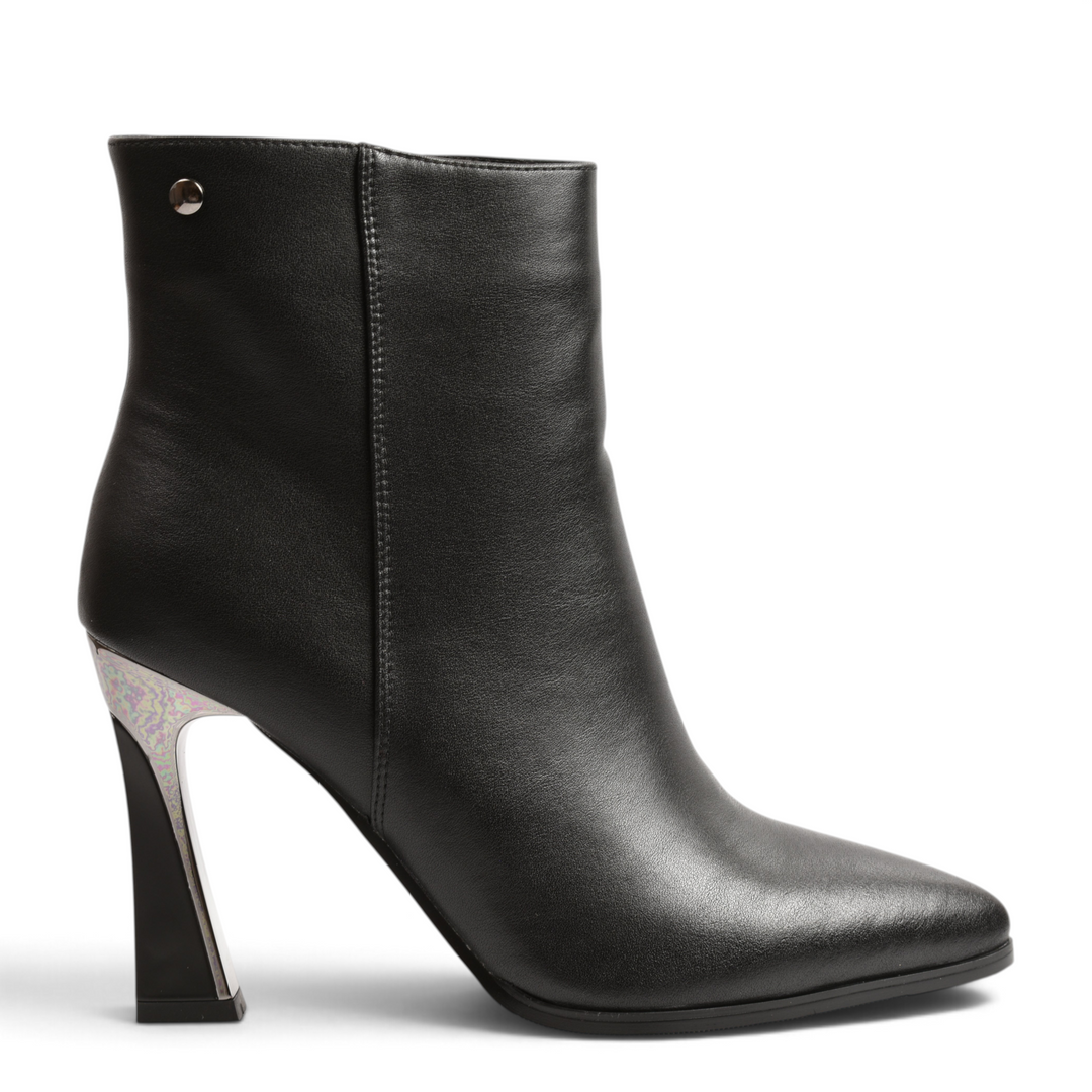 ada-shoes.ro Anna Viotti black leather ankle boots with a sculptural high heel and metallic silver detail