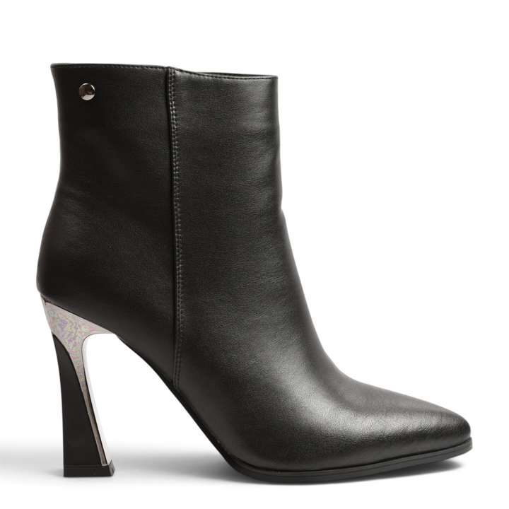 ada-shoes.ro Anna Viotti black leather ankle boots with a sculptural high heel and metallic silver detail