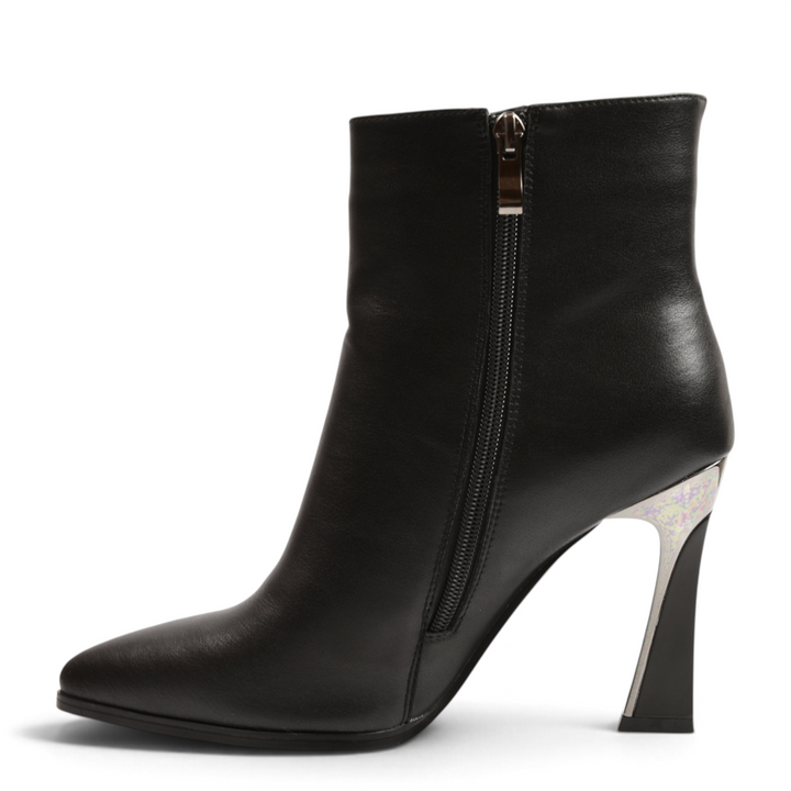 ada-shoes.ro Anna Viotti black leather ankle boots with a sculptural high heel and silver metallic base detail