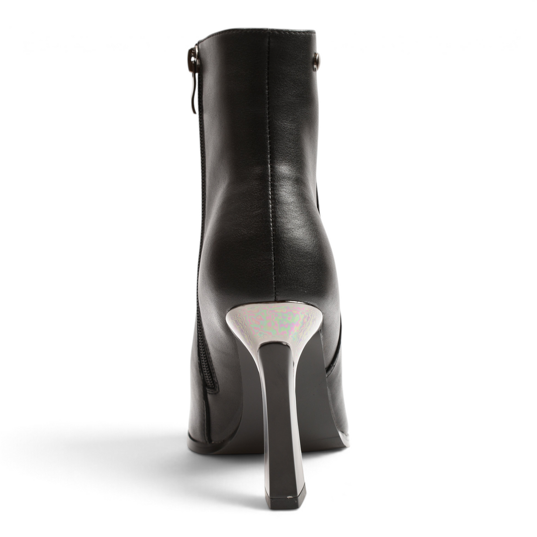 Back view of black leather Anna Viotti ankle boots from ada-shoes.ro featuring a sculptural heel with silver detail