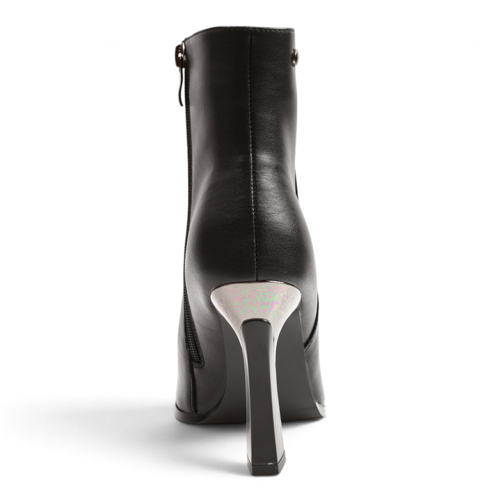 Back view of black leather Anna Viotti ankle boots from ada-shoes.ro featuring a sculptural heel with silver detail