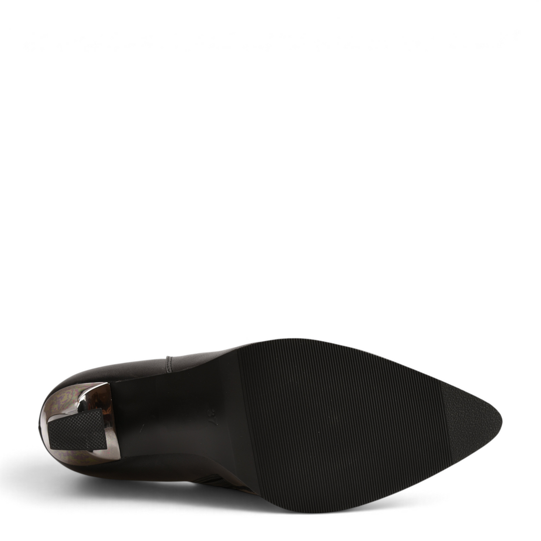ada-shoes.ro Anna Viotti black leather ankle boot sole with pointed toe and architectural metallic heel detail