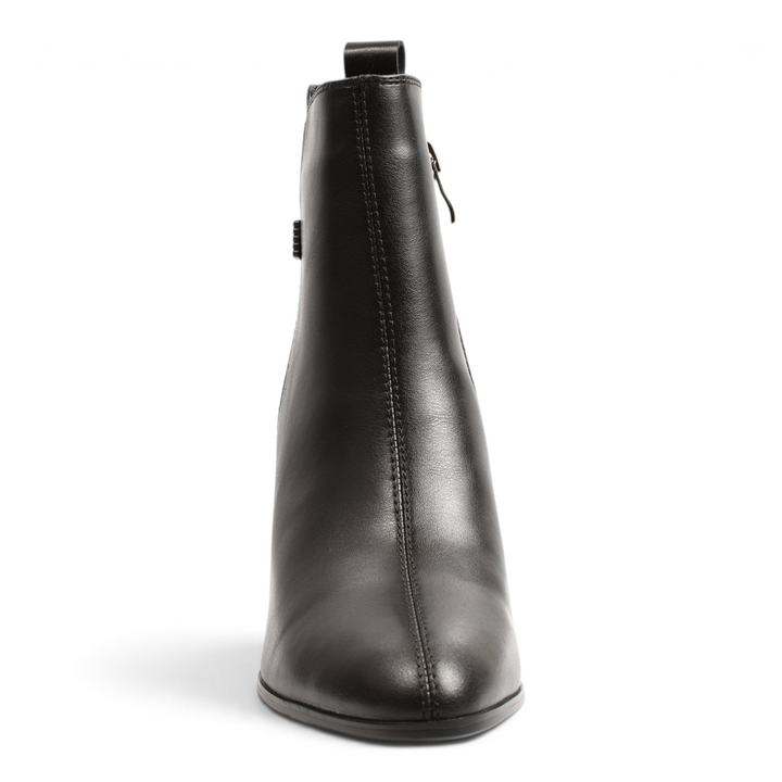 ada-shoes.ro Anna Viotti black leather ankle boots with a side zipper and block heel, front view.
