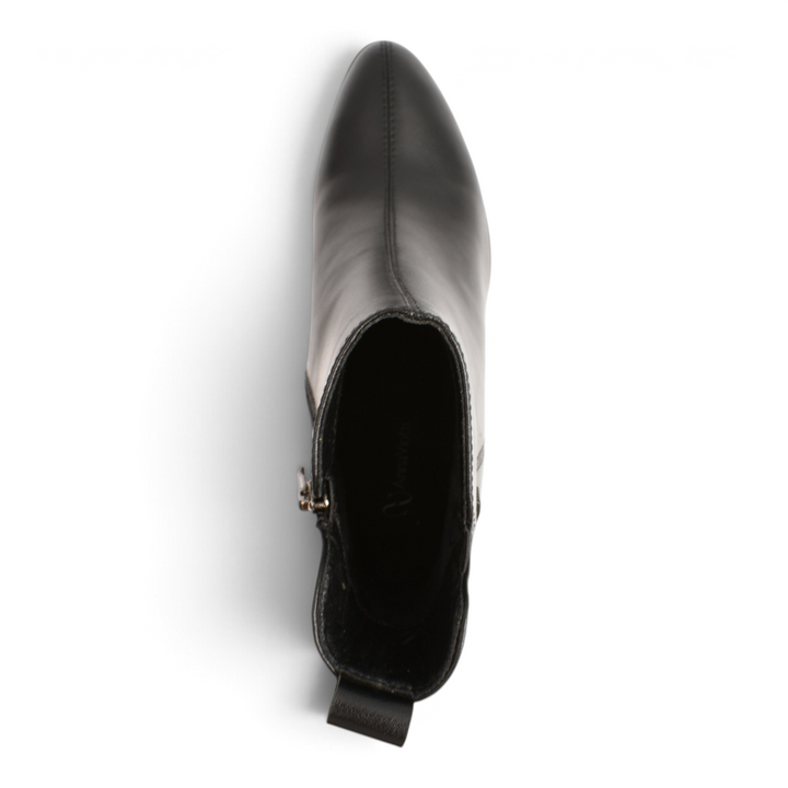 Top view of Anna Viotti black leather ankle boots with a pointed toe and side zipper closure