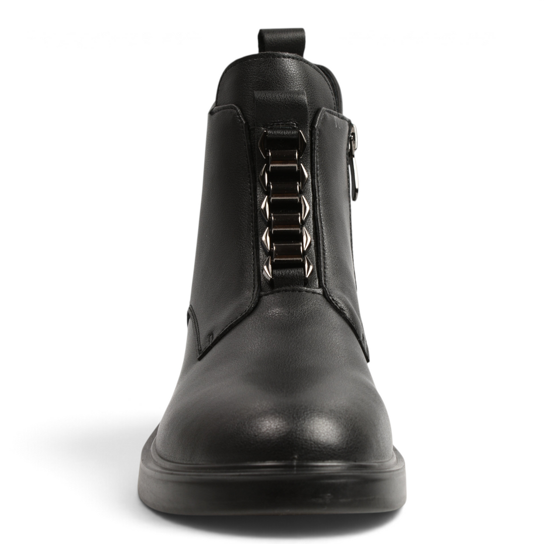 ada-shoes.ro black leather ankle boots with metallic front trim, side zipper, and low stable heel for women.