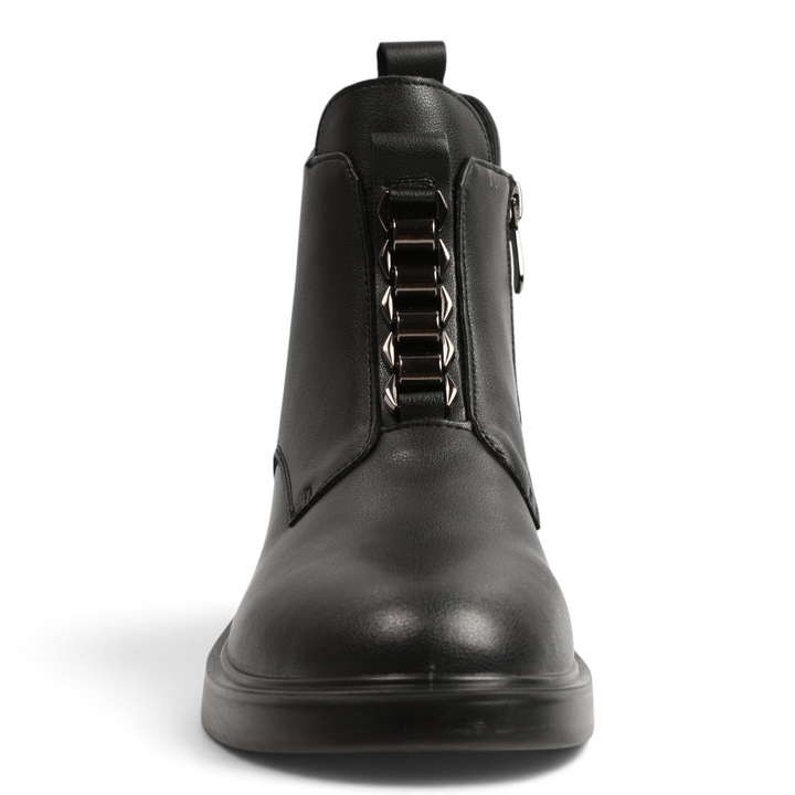 ada-shoes.ro black leather ankle boots with metallic front trim, side zipper, and low stable heel for women.