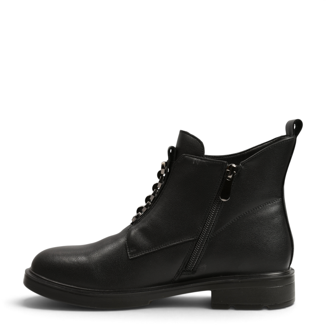 ada-shoes.ro black leather ankle boots with side zipper, metallic front trim, and low stable heel for women