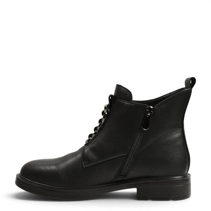 ada-shoes.ro black leather ankle boots with side zipper, metallic front trim, and low stable heel for women