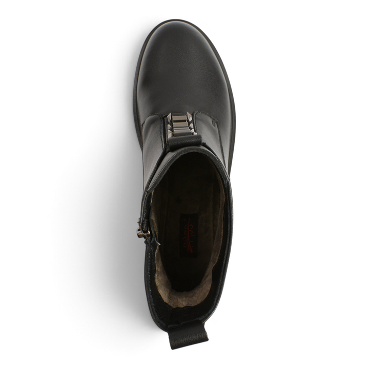 Top view of black smooth leather Pass Collection ankle boots with metallic front trim from ada-shoes.ro