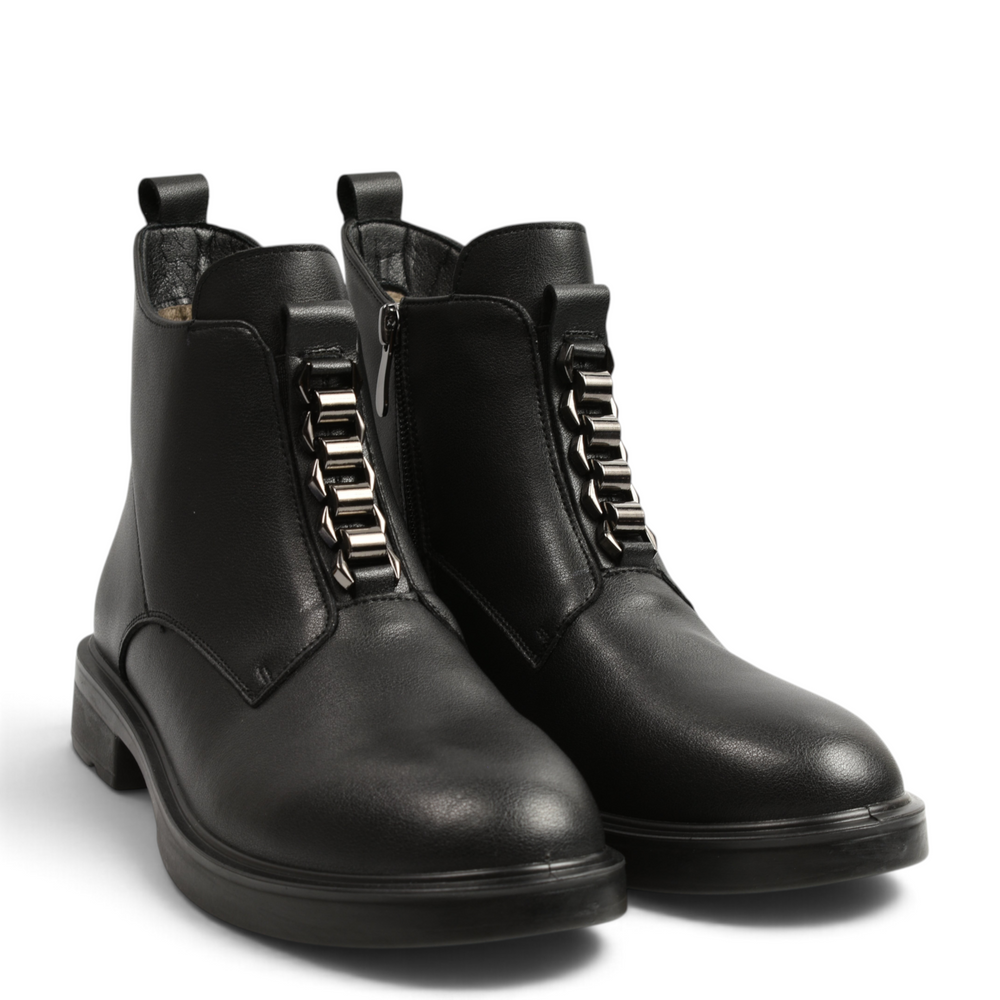 ada-shoes.ro black leather ankle boots with decorative metallic front chain detail and side zipper closure