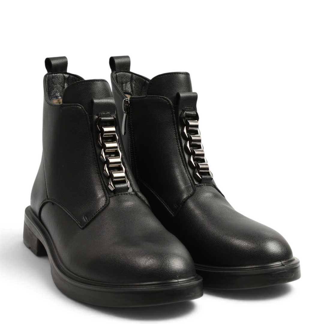 ada-shoes.ro black leather ankle boots with decorative metallic front chain detail and side zipper closure
