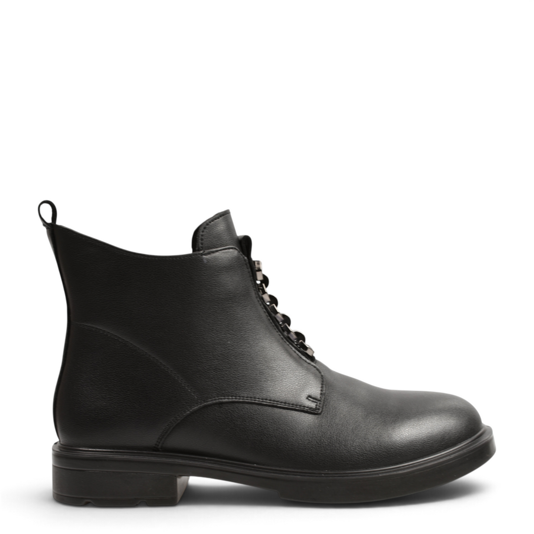 ada-shoes.ro black leather ankle boots with front metallic details and a low stable heel, side view
