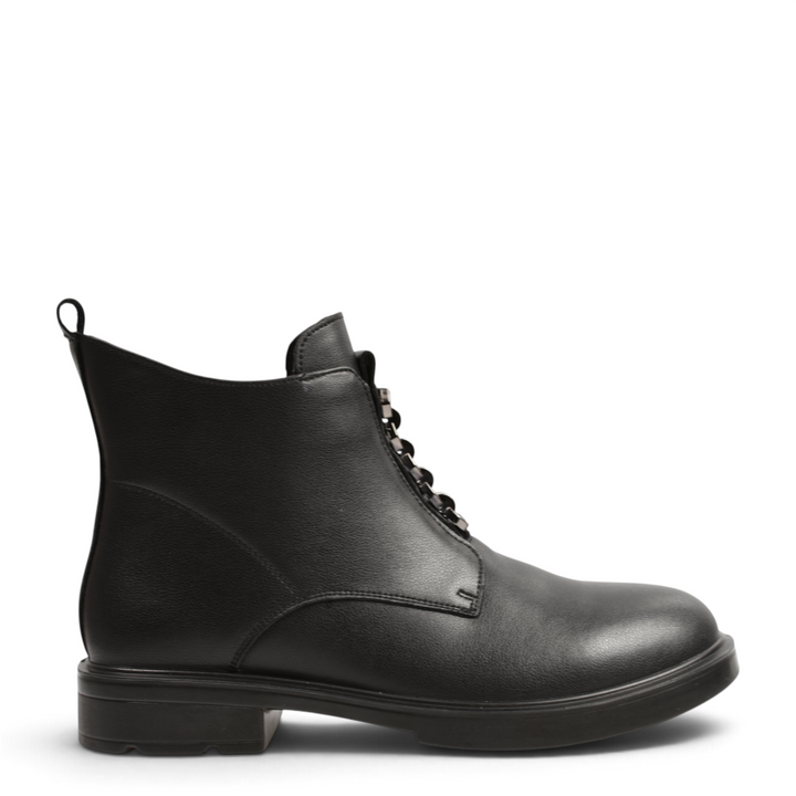ada-shoes.ro black leather ankle boots with front metallic details and a low stable heel, side view