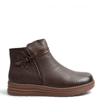 ada-shoes.ro brown leather ankle boots with floral side detail and flexible low sole for women